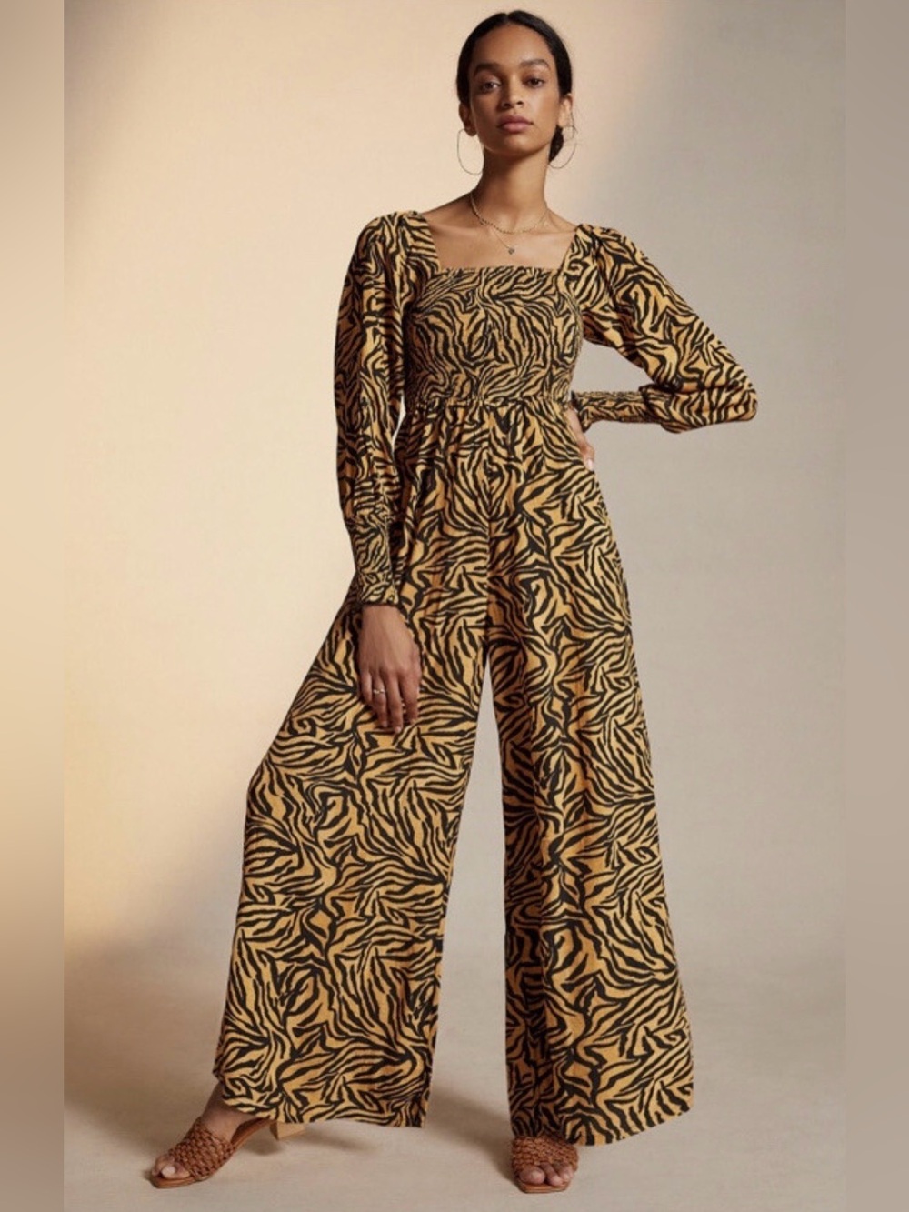 Kachel x Anthropologie Tiger-Striped Jumpsuit Wide Leg Smocked Animal Artsy 10
